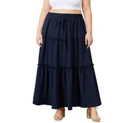 Moon Wood Women's Plus Size Maxi Skirt High Waisted Ruffles A Line Flowy Long Skirts Ladies Beach Skirts with Pockets Navy Blue 3XL