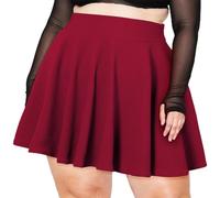 Moon Wood Women's Plus Size Mini Skater Skirt- Basic Versatile High Waisted Flared Casual Stretchy Skirts, Burgundy, L Plus