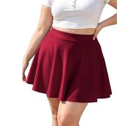 Moon Wood Women's Plus Size Mini Skater Skirt- Basic Versatile High Waisted Flared Casual Stretchy Skirts, Burgundy, XXL Plus