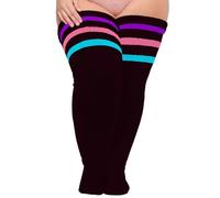 Moon Wood Womens Plus Size Thigh High Socks Extra Long Striped Thick Over the Knee Socks Leg Warmer Boot Stockings Black & Rainbow
