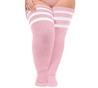 Moon Wood Womens Plus Size Thigh High Socks Extra Long Striped Thick Over the Knee Socks Leg Warmer Boot Stockings Baby Pink & White