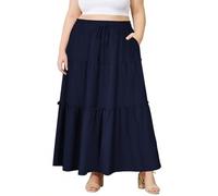 Moon Wood Women's Skirts Summer Maxi Long Skirt High Waist Flowy Ruffle Tiered A Line Skirts with Pockets Plus Size Navy Blue 5XL