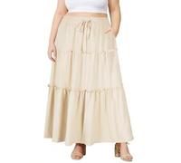 Moon Wood Women's Skirts Summer Maxi Long Skirt High Waist Flowy Ruffle Tiered A Line Skirts with Pockets Plus Size Almond 4XL
