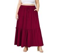 Moon Wood Women's Skirts Summer Maxi Long Skirt High Waist Flowy Ruffle Tiered A Line Skirts with Pockets Plus Size Wine Red XXL