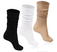 Moon Wood Women's Slouch Socks 3 Pairs Extra Long Cotton Knit Knee High Thick Scrunch Socks Thigh High Boots Leg Warmers Size UK 4-8(Black&White&Khaki)