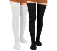 Moon Wood Women's Thigh High Socks Extra Long 2 Pack Over The Knee Cotton Knit Socks Thick Warmer Soft Tall Long Boot Stockings Leg Warmers (Black and White)