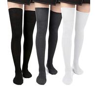 Moon Wood Women's Thigh High Socks Extra Long Over The Knee Cotton Knit Socks Thick Warmer Soft Tall Long Boot Stockings Leg Warmers (Black White Grey)