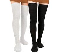 Moon Wood 2025 Women 2 Pairs Black/White Over The Knee Socks Thigh High Socks Extra Long Cotton Knit Warm Thick Tall Long Boot Stockings Leg Warmers