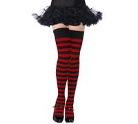 Moon Wood Womens Thigh High Socks Striped Knee High Socks Extra Long Cotton Knit Over the Knee Socks for Halloween, Black & Red, One size