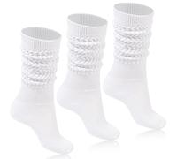 Moon Wood Women's White Slouch Socks 3 Pairs Extra Long Cotton Knit Knee High Thick Scrunch Socks Thigh High Boots Leg Warmers Size UK 4-8