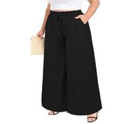 Moon Wood Womens Wide Leg Trousers Ladies Printed Flowy Palazzo Pants Summer Elasticated Smocked Waist Casual Trousers with Pockets Plus Size Black 3XL