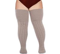 Moon Wood Wool Beige Thigh High Socks for Women Warm Thick Cable Knitted Leg Warmers Extra Long Over the Knee Boot Socks Plus Size