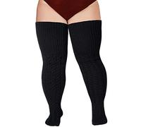 Moon Wood Wool Black Thigh High Socks for Women Warm Thick Cable Knitted Leg Warmers Extra Long Over the Knee Boot Socks Plus Size