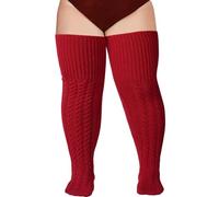 Moon Wood Wool Christmas Red Thigh High Socks for Women Warm Thick Cable Knitted Leg Warmers Extra Long Over the Knee Boot Socks Plus Size