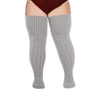 Moon Wood Wool Gery Thigh High Socks for Women Warm Thick Cable Knitted Leg Warmers Extra Long Over the Knee Boot Socks Plus Size