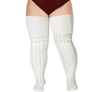 Moon Wood Wool White Thigh High Socks for Women Warm Thick Cable Knitted Leg Warmers Extra Long Over the Knee Boot Socks Plus Size