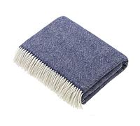 Moon Wool Plaid Throw Blanket, Merino Lambswool, Herringbone Navy, Made in UK