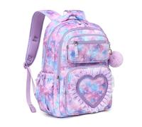 MOONBABY Girls Backpack for School, Cute Ita Backpack with Heart Window, Kawaii Bookbag for Kids Ages 6-12, A-purple-starrysky, L, Galaxy Tie Dye Cute Ita Bow Style