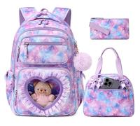 MOONBABY Girls Backpack for School, Cute Ita Backpack with Heart Window, Kawaii Bookbag for Kids Ages 6-12, Purple-starrysky-set, L, Galaxy Tie Dye Cute Ita Bow Style