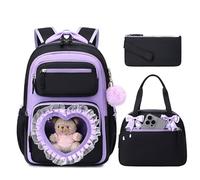 MOONBABY Girls Backpack for School, Cute Ita Backpack with Heart Window, Kawaii Bookbag for Kids Ages 6-12, Black-purple-set, L, Galaxy Tie Dye Cute Ita Bow Style