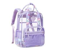 MOONBABY Small Clear Backpack for School Transparent Bookbag for Kids Heavy Duty PVC See Through Backpack Stadium Approved, Purple Unicorn, One Size, Cute