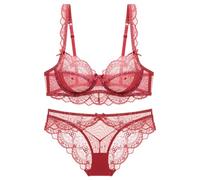 MOONBADI Bra Tops for Women red Women's Floral Mesh Lingerie Set Adjustable Strap Underwire lace Bra and Panty Set Balconette Bra 36A