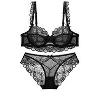 MOONBADI Bralette Black Women's Underwired Lace Bra Set with Padded Cups Balcony Bra Comfort Every Day Bra Full Coverage Bra 40D