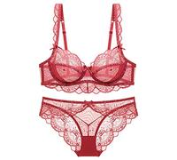 MOONBADI Women Clothes red Women's Full Coverage Non-Foam Floral Lace Plus Size Underwired Bra Set T-Shirt Bra 34B