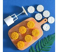 Mooncake Mold Cookie Stamps, 50G 3D Flowers Moon Cake Mold Cookie Press Set Cake DIY Mould Baking Accessories Making Traditional Festival Mooncakes Fondant Dessert Cupcake with 6 Stamps, White