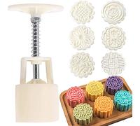 Mooncake Press Molds, Mid-Autumn Festival Mooncake Mould Maker Cookie Stamps Pastry Tool Mooncake Mold Set of 1.76 oz Flower Moon Cake Mold with 6 Stamps (White)