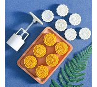 Mooncake Stamps Mold Set, 50G 3D Round Flowers Moon Cake Mold Cookie Press Set Cake DIY Mould Baking Accessories Making Mid Autumn Festival Mooncakes Dessert Cupcake with 6 Stamps, White