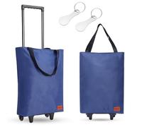 MOONCY 2 in 1 Shopping Trolley, 30L Large Folding Shopping Bag on Wheels, Lightweight Foldable Grocery Trolleys for Camping Traveling and Laundry, Blue