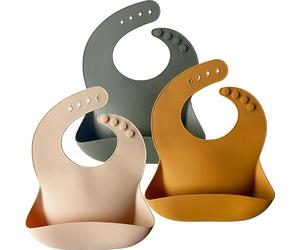 Moonkie Baby Bibs, 3Pcs Silicone Feeding Bibs for Babies and Toddlers, Waterproof weaning bib, BPA Free Soft Adjustable Wide Food Crumb Catcher Pocket(Cream/Buck/Olive Green)…