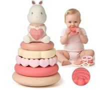 Moonkie Baby Teethers & Bunny Stacking Toys, 7 Piece Set, Silicone Soft Stack Rings, for Teething & Educational Learning, Montessori Sensory Toys for Babies, Toddlers & Infant, Gifts for Girls