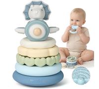 Moonkie Baby Teethers & Dino Stacking Toys, 7 Piece Set, Silicone Soft Stack Rings, for Teething & Educational Learning, Montessori Sensory Toys for Babies, Toddlers & Infant, Gifts for Boys