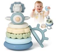 Moonkie Dino Stacking Toys, Silicone Soft Stack Rings, for Baby Teething, Educational Learning, Sensory Toys for Babies, Toddlers & Infant, Gifts for Boys, 7 Piece Teethers Set
