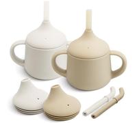 Moonkie Silicone Baby Sippy Cup 6+ Months with 2 Straws (Free Flow & Leak-Proof Valve) | 3 Stage Transition | Baby Water Bottle | BPA Free & Dishwasher Safe | 120ml(Ivory/Croissant)