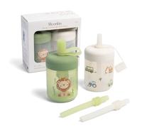 Moonkie Silicone Baby Straw Cup 2 Pack, 150ml Sippy Cup 6+ Months with Dual Straws & Lid, Baby Water Bottle with Measurement Marks, BPA Free Dishwasher Safe (Lion/Vehicle)