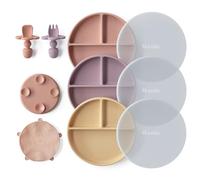Moonkie Suction Plate Baby, Weaning Set - 3 Pcs Baby Plates with Spoons Forks, Silicone Plates for Toddlers, BPA Free, Non-Slip, Divided Plate, Microwave and Dishwasher Safe(Muted/Pale Mauve/Honey)