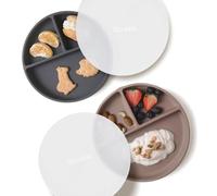Moonkie Suction Plates for Babies & Toddlers | BPA-Free Weaning Plate with Lid | Silicone Divided Plate | Microwave and Dishwasher Safe - 2 Pack (Warm Taupe/Dark Grey)
