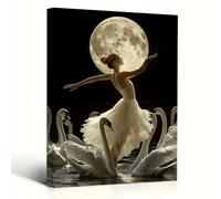 Moonlight Ballerina & Swans Canvas Wall Nighttime Scene With Full Moon, White Tutu, And Black Lace, For Kitchen Painting(80x120cm/Frameless)