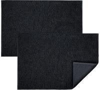Moonlight Bedding Black Bath Mat Non Slip Anti Mould - 2 Pack Chenille Bathroom Mat 60x90cm Machine Washable Shower Mat