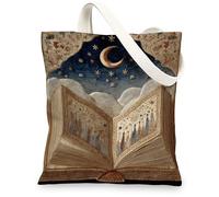 Moonlight Canvas Tote Bag, Artistic Reusable Grocery Bags, Embroidered Lightweight Blue Shoulder Strap Bags 13x15 Inch