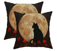 Moonlight Cat Throw Pillow Covers Set of 2, Black Feline Floral Design Cushion Cases, Autumn Decorative Square Home Decor for Sofa Bed Couch 14x14 Inch