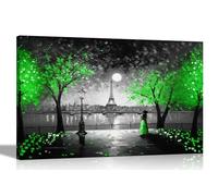 Moonlight Eiffel Tower Green Large Black and White Canvas Prints for Bedroom, Living Room - Wall Art City Pictures to Hang - City Pictures 86 x 61cm (34 x 24 inches) A1