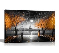 Moonlight Eiffel Tower Orange Abstract Wall Black and White Canvas for Living Room, Bedroom, City Pictures Ready to Hang Prints 40 x 30cm (16 x 12 inches) A3