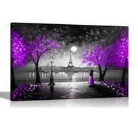 Moonlight Eiffel Tower Purple Black and White Canvas Pictures for Wall | Abstract Art in Living Room, Bedroom, Hallway Prints 76 x 50cm (30 x 20 inches)