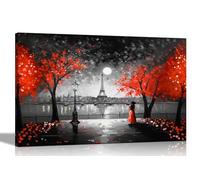 Moonlight Eiffel Tower Red Abstract Black and White Canvas Prints for Bedroom, Living Room - Wall Art City Pictures to Hang 60 x 40cm (24 x 16 inches) A2