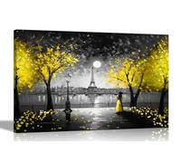 Moonlight Eiffel Tower Yellow Black and White Canvas Pictures for Living Room - Wall Art for Bedroom, Hallway - Modern 51 x 35cm (20 x 14 inches)