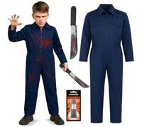 Moonlight Fright 3pc Kids Boiler Suit Serial Killer Halloween Costume Boys and Girls - Childs Horror Outfit with Navy Blue Boiler Suit, Fake Knife with Blood and Red Fake Blood Tube (7-9 Years)